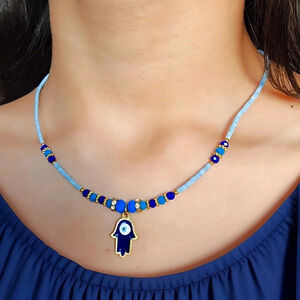 🆕️Turkish Handmade Gold-Plated Hamsa Hand Evil Eye Charm Unique Boho Necklace